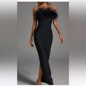 Black Strapless Embellished Slit Maxi Dress